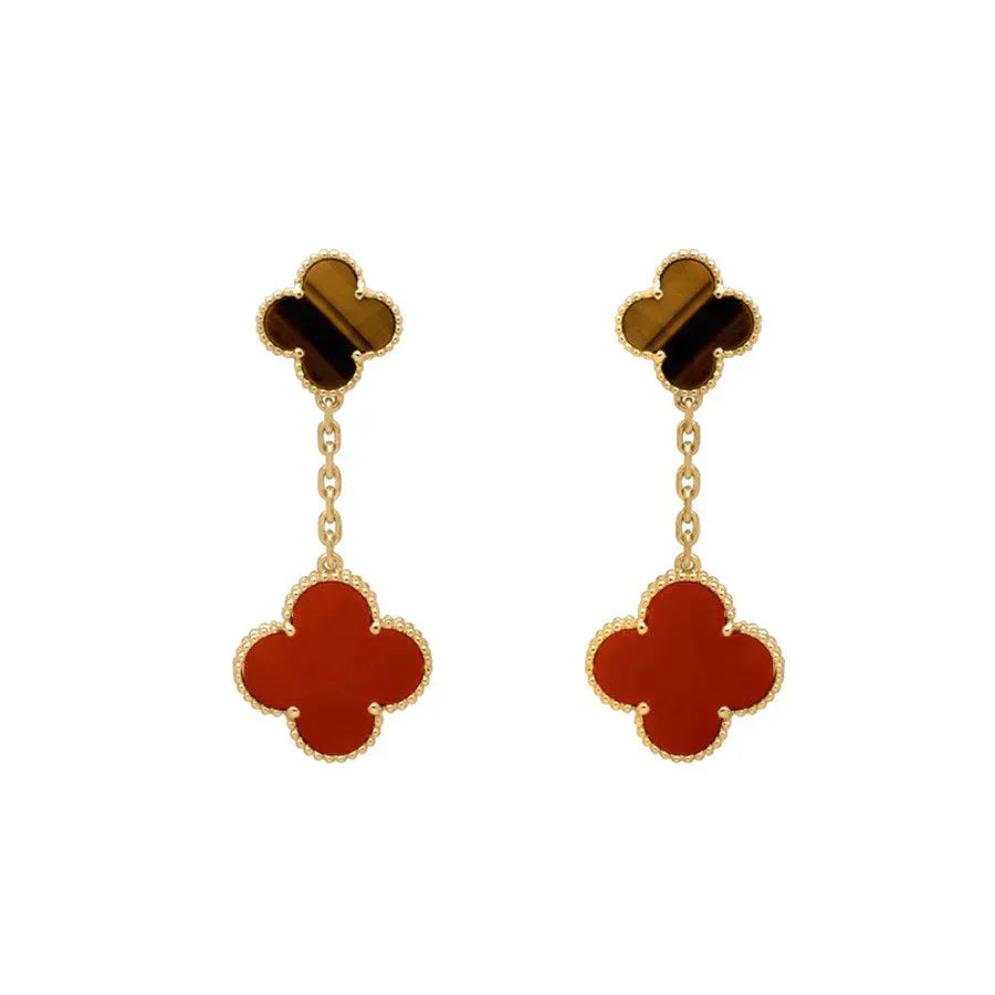 CLOVER 2 MOTIF TIGER EYE CARNELIAN EARRINGS