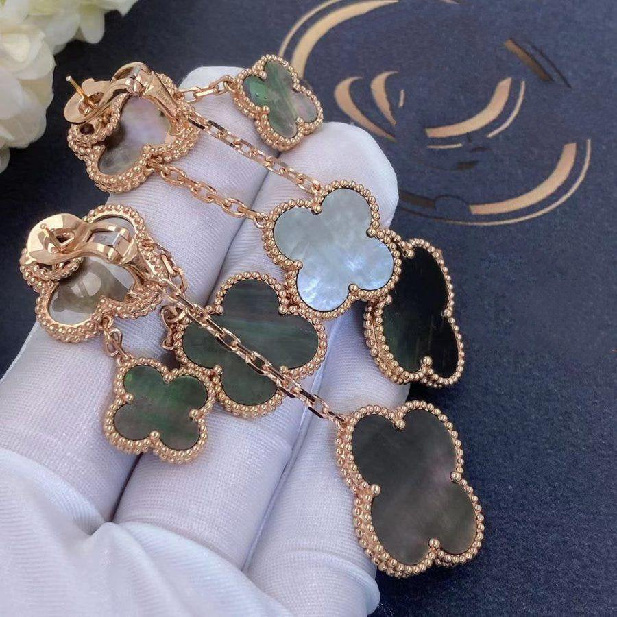 BOUCLES D'OREILLES DIANA CLOVER NACRE FONCÉE 4 MOTIFS OR ROSE
