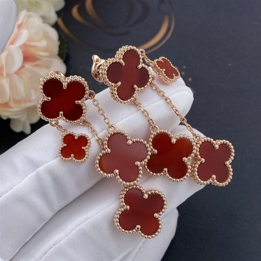 BOUCLES D'OREILLES DIANA CLOVER CORNALINE 4 MOTIFS OR ROSE