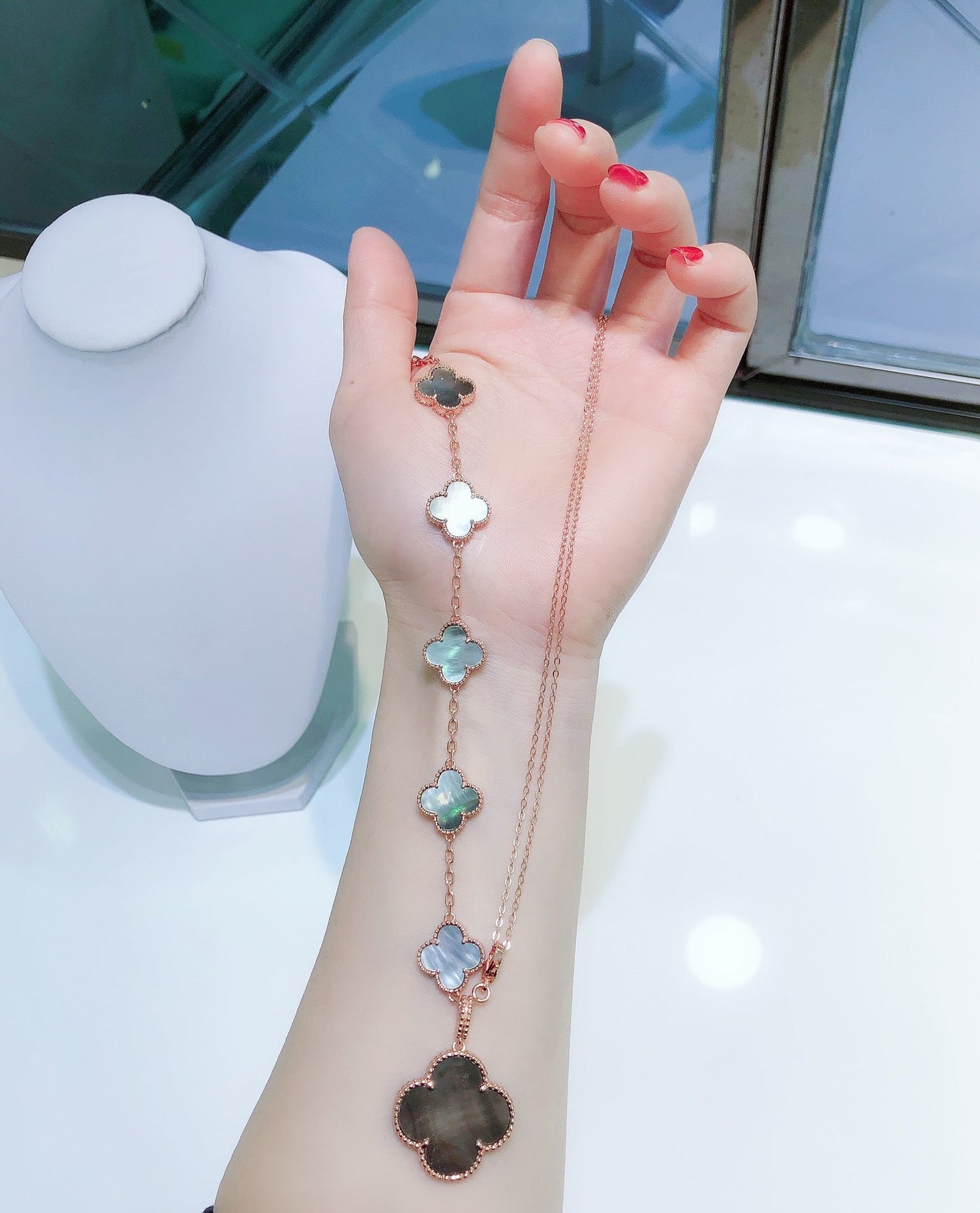 DIANA COMBINED BRACELET 5 MOTIFS AND NECKLACE DARK MOP ROSE GOLD