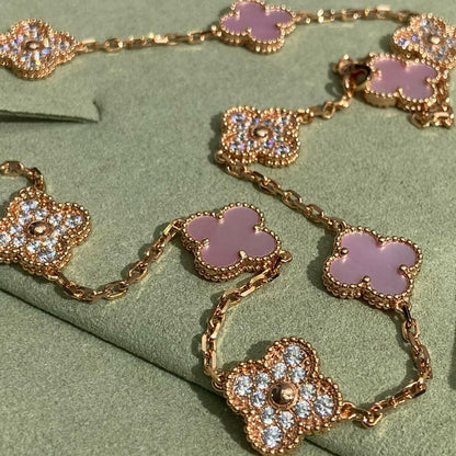 CLOVER 10 MOTIFS DIAMOND PINK MOP NECKLACE