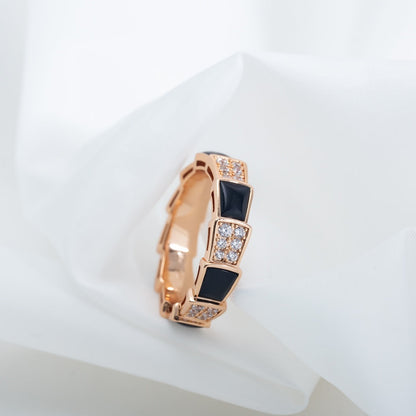 DIANA SERPENTI RING PINK GOLD BLACK MOP DIAMOND PAVED 4MM