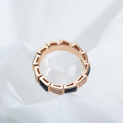 DIANA SERPENTI RING PINK GOLD BLACK MOP DIAMOND PAVED 4MM