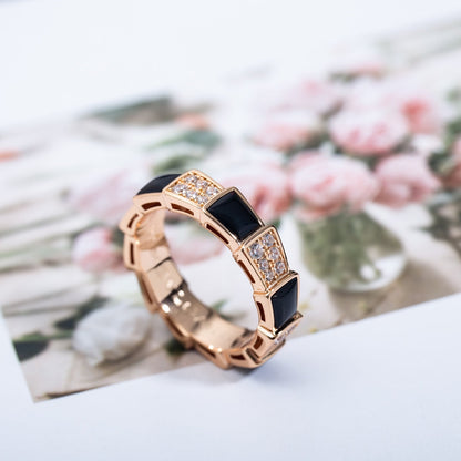 DIANA SERPENTI RING PINK GOLD BLACK MOP DIAMOND PAVED 4MM