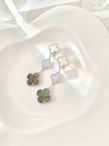 Boucles d'oreilles Diana Clover 3 motifs en calcédoine et nacre foncée en argent