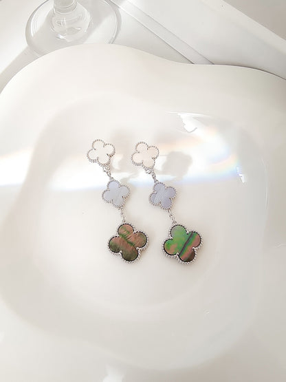 Boucles d'oreilles Diana Clover 3 motifs en calcédoine et nacre foncée en argent