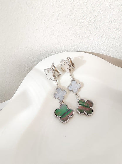 Boucles d'oreilles Diana Clover 3 motifs en calcédoine et nacre foncée en argent