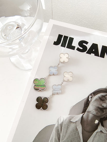 Boucles d'oreilles Diana Clover 3 motifs en calcédoine et nacre foncée en argent