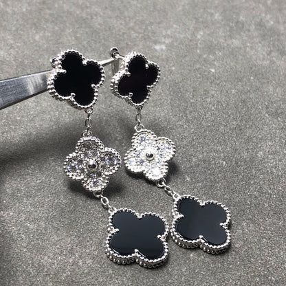 DIANA CLOVER 3 MOTIF DIAMOND ONYX SILVER EARRINGS