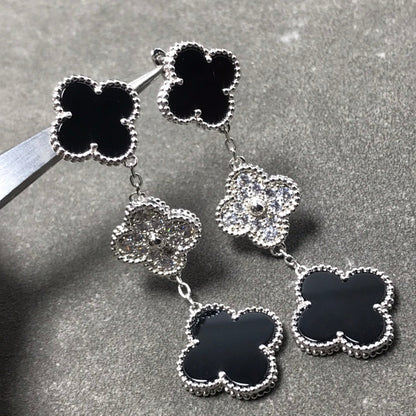 DIANA CLOVER 3 MOTIF DIAMOND ONYX SILVER EARRINGS