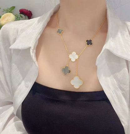 DIANA CLOVER 6 MOTIF MOP ONYX GOLD NECKLACE