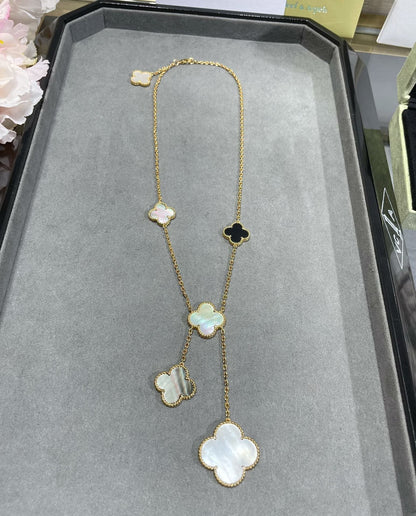 DIANA CLOVER 6 MOTIF MOP ONYX GOLD NECKLACE