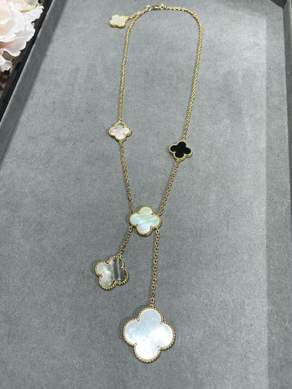 DIANA CLOVER 6 MOTIF MOP ONYX GOLD NECKLACE