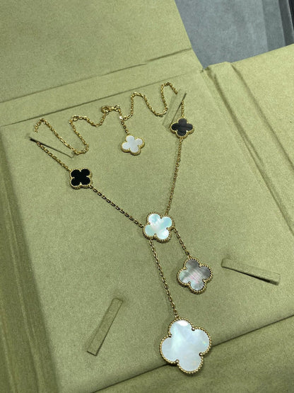 DIANA CLOVER 6 MOTIF MOP ONYX GOLD NECKLACE