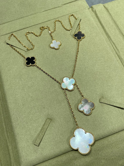 DIANA CLOVER 6 MOTIF MOP ONYX GOLD NECKLACE