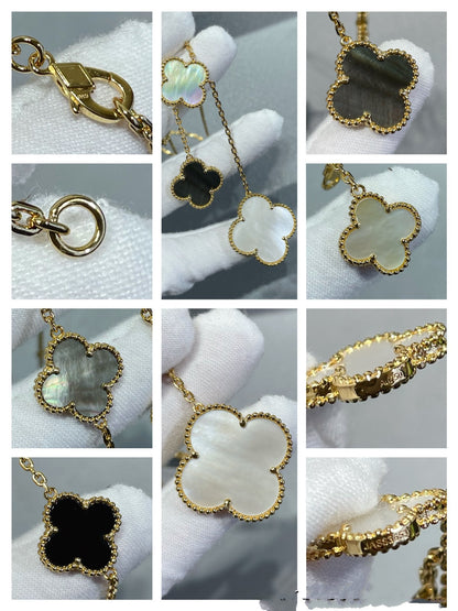 DIANA CLOVER 6 MOTIF MOP ONYX GOLD NECKLACE