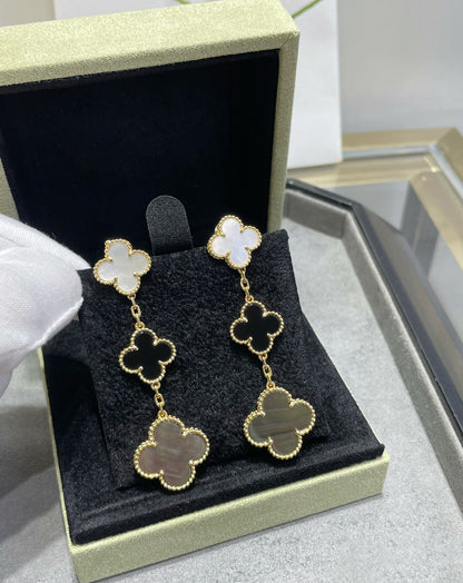 Boucles d'oreilles Diana Clover à 3 motifs en nacre et onyx foncé, or rose