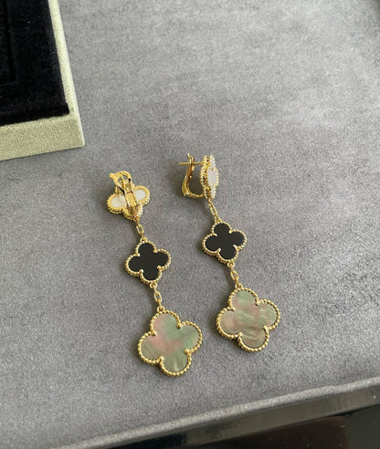 Boucles d'oreilles Diana Clover à 3 motifs en nacre et onyx foncé, or rose