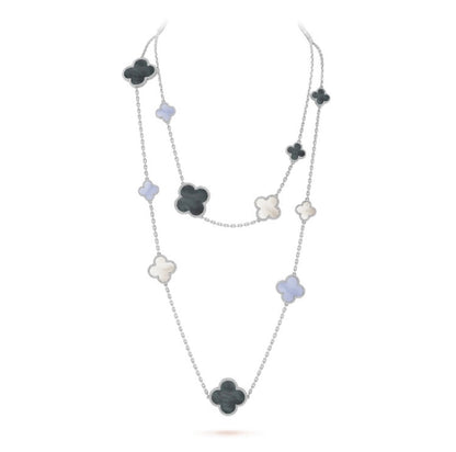 DIANA CLOVER 16 MOTIF CHALCEDONY MOP SILVER NECKLACE