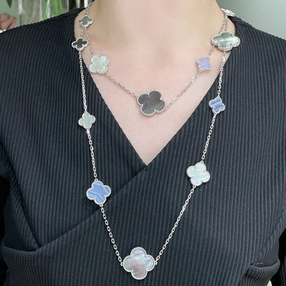 DIANA CLOVER 16 MOTIF CHALCEDONY MOP SILVER NECKLACE