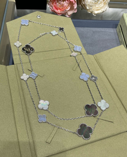 DIANA CLOVER 16 MOTIF CHALCEDONY MOP SILVER NECKLACE