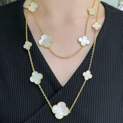 DIANA CLOVER 16 MOTIF WHITE MOP GOLD NECKLACE