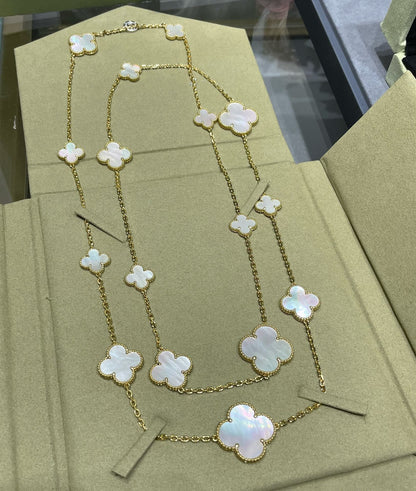 DIANA CLOVER 16 MOTIF WHITE MOP GOLD NECKLACE