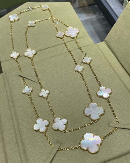 DIANA CLOVER 16 MOTIF WHITE MOP GOLD NECKLACE