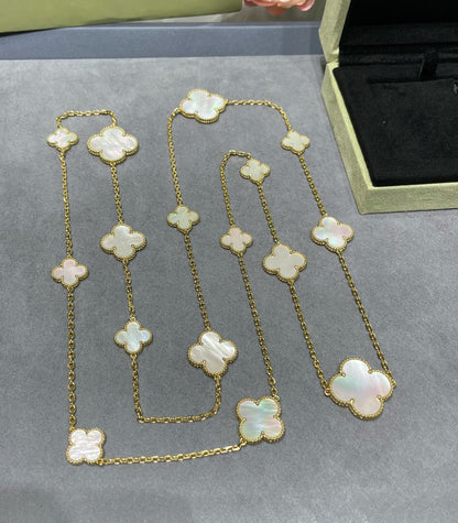 DIANA CLOVER 16 MOTIF WHITE MOP GOLD NECKLACE