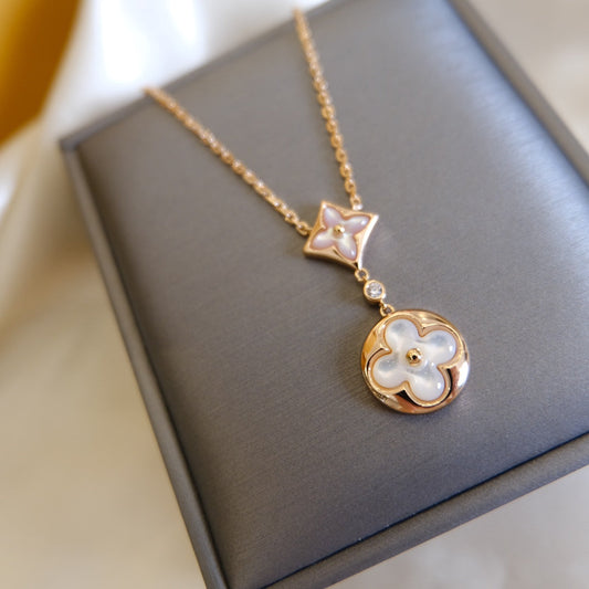 DIANA STAR AND SUN WHITE MOP 2 MOTIF PINK GOLD NECKLACE