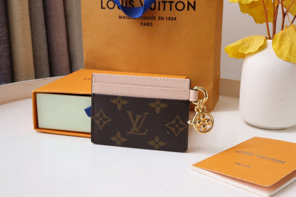 CHARM CARD HOLDER BROWN PINK MONOGRAM CANVAS