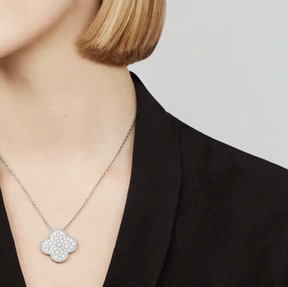 DIANA CLOVER 25MM LARGE PENDANT DIAMOND PAVED SILVER NECKLACE
