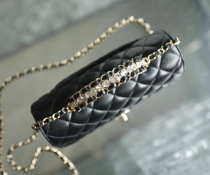 MINI RECTANGLE FLAP BAG TOP HANDLE 20CM BLACK LAMBSKIN SILVER HARDWARE