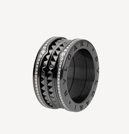 DIANA ZERO 1 ROCK FOUR-BAND BLACK CERAMIC WITH STUDDED SPIRAL AND PAVED DIAMONDS RING