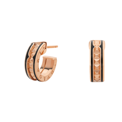 DIANA ZERO 1 ROCK PINK GOLD EARRINGS WITH STUDDED SPIRAL AND BLACK CERAMIC