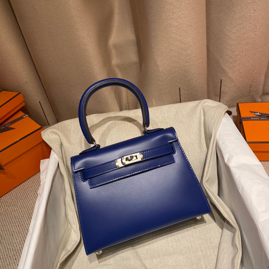 KELLY MINI 20 BAG IN NAVY BLUE SMOOTH CALFSKIN WITH SILVER HARDWARE (MADE - TO - ODER)