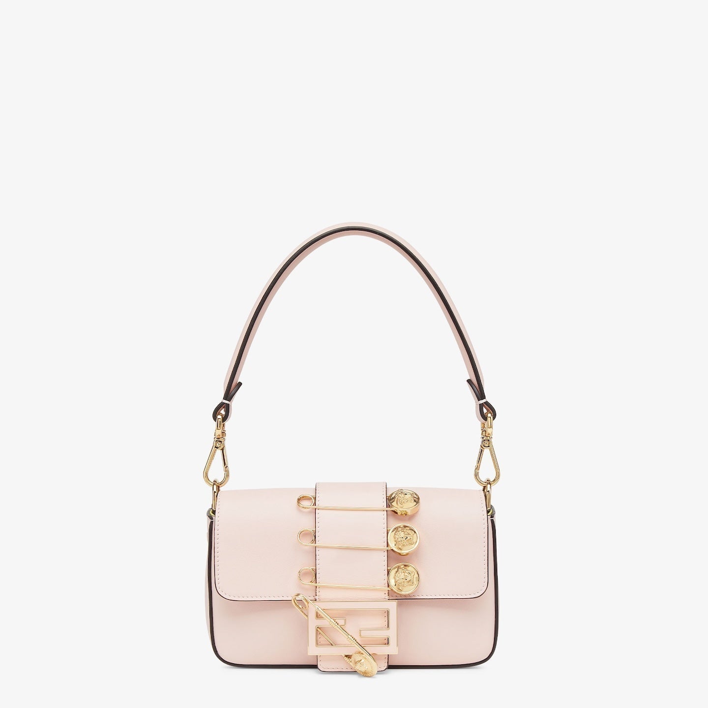 FENDI FENDACE BROOCH MINI 20 BAGUETTE BAG IN LIGHT PINK CALFSKIN
