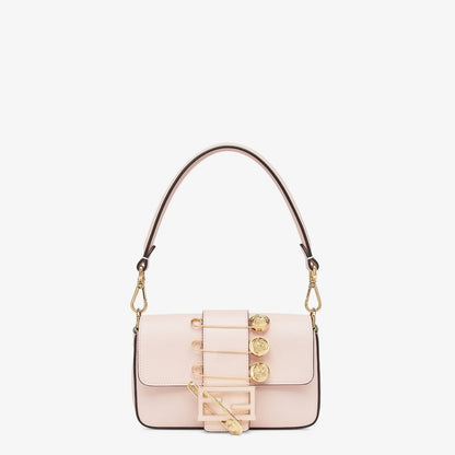 FENDI FENDACE BROOCH MINI 20 BAGUETTE BAG IN LIGHT PINK CALFSKIN