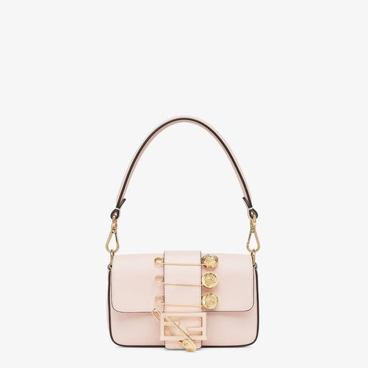 FENDI FENDACE BROOCH MINI 20 BAGUETTE BAG IN LIGHT PINK CALFSKIN