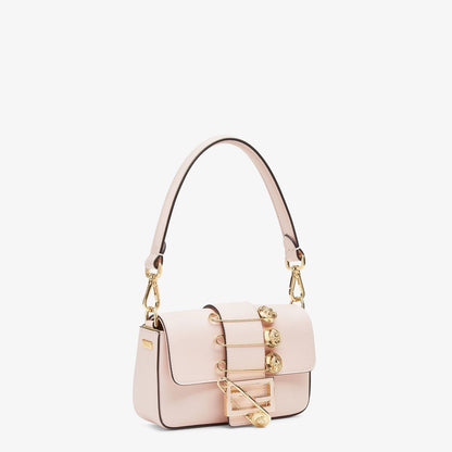 FENDI FENDACE BROOCH MINI 20 BAGUETTE BAG IN LIGHT PINK CALFSKIN