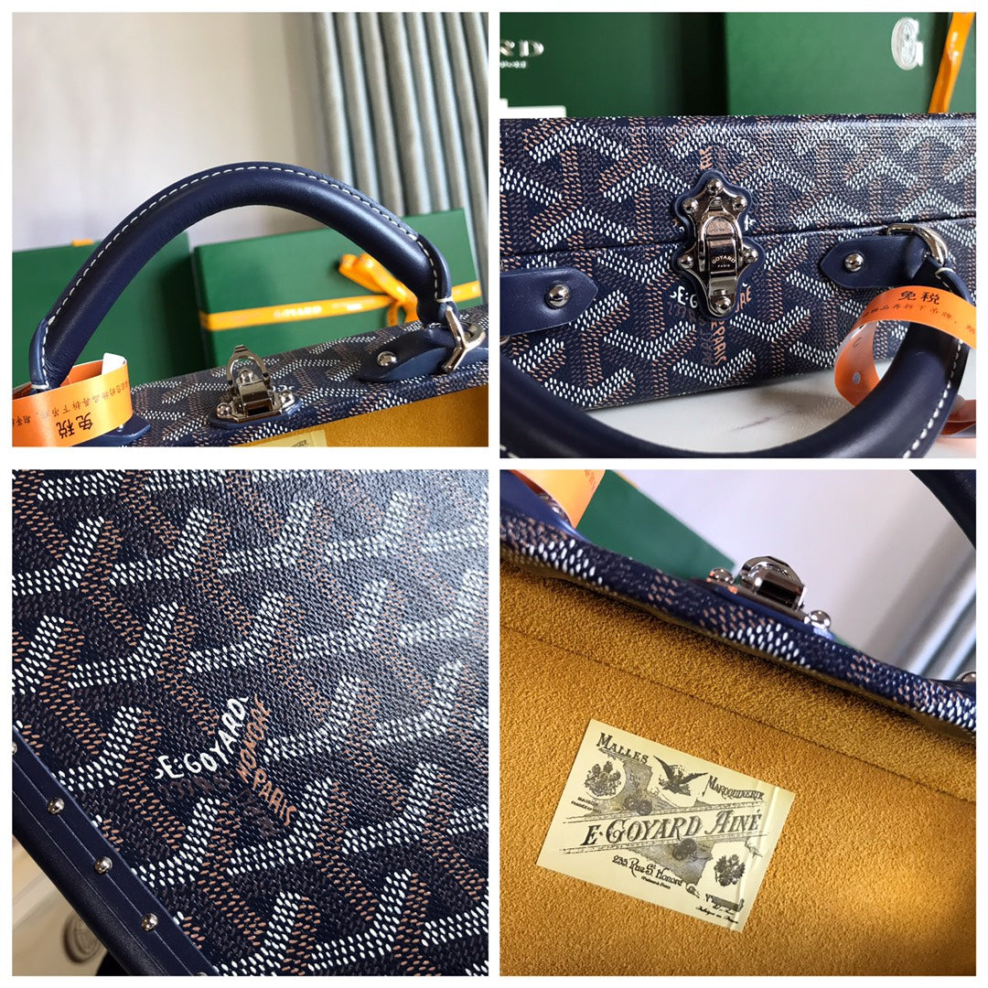 GRAND H?TEL TRUNK BAG 24 IN NAVY BLUE GOYARDINE CANVAS AND CALFSKIN