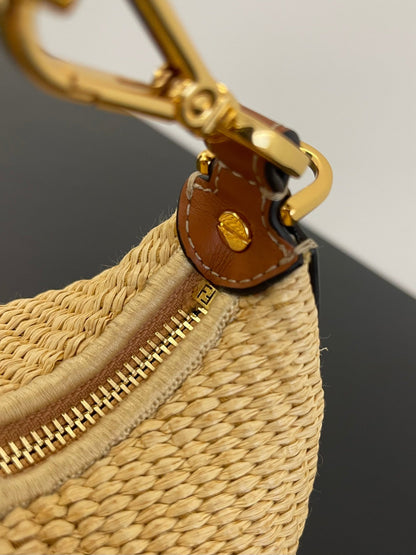 FENDIGRAPHY MINI 16 IN BEIGE STRAW AND BROWN CALFSKIN TRIM GOLD HARDWARE