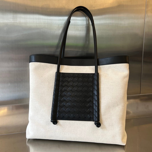 PORTELLO TOTE 53 IN BLACK CALFSKIN AND WHITE CANVAS