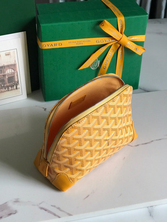 VEND?ME COSMETIC POUCH 17 IN YELLOW GOYARDINE CANVAS AND CALFSKIN TRIM