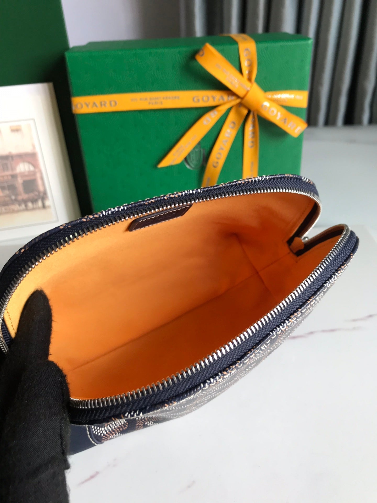 VEND?ME COSMETIC POUCH 17 IN NAVY BLUE GOYARDINE CANVAS AND CALFSKIN TRIM