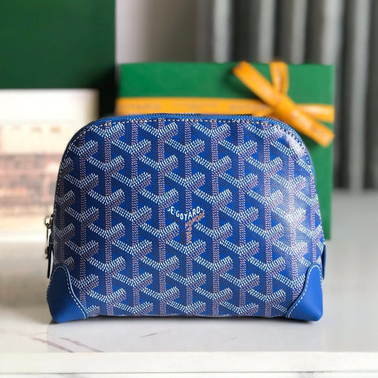 VEND?ME COSMETIC POUCH 17 IN SAPPHIRE BLUE GOYARDINE CANVAS AND CALFSKIN TRIM
