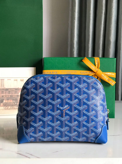 VEND?ME COSMETIC POUCH 17 IN SAPPHIRE BLUE GOYARDINE CANVAS AND CALFSKIN TRIM