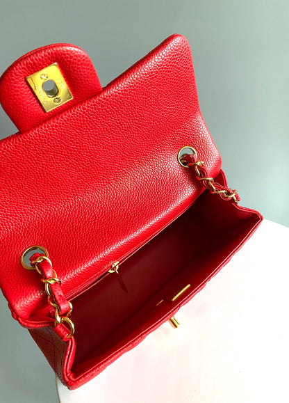 MINI RECTANGLE FLAP BAG 20CM RED CAVIAR GOLD HARDWARE
