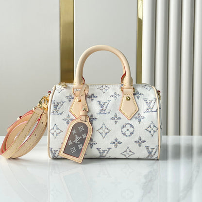 SPEEDY BANDOULI¨¨RE 20 IN WHITE MONOGRAM JACQUARD FABRIC AND BEIGE CALFSKIN TRIM