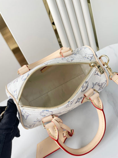 SPEEDY BANDOULI¨¨RE 20 IN WHITE MONOGRAM JACQUARD FABRIC AND BEIGE CALFSKIN TRIM